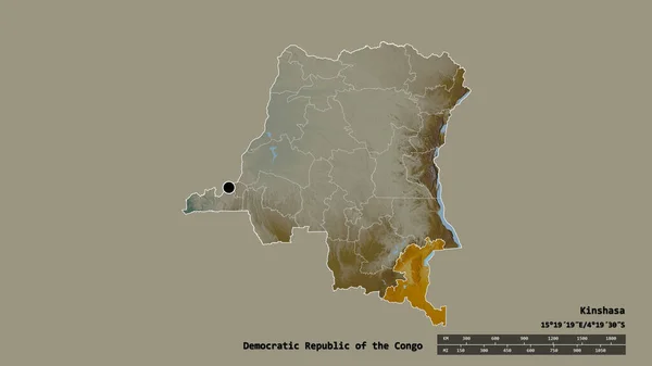 以首都 主要区域分部和分离的上加丹加地区为首都的刚果民主共和国的绝望状态 地形浮雕图 3D渲染 — 图库照片