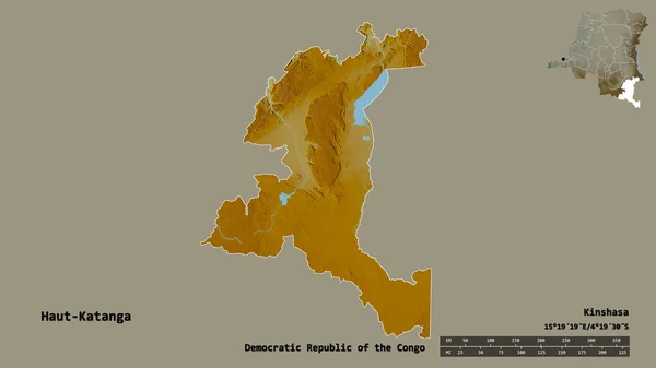 刚果民主共和国的上加丹加形状 其首都背景坚实 与世隔绝 距离尺度 区域预览和标签 地形浮雕图 3D渲染 — 图库照片