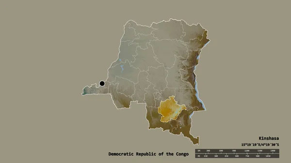 以首都 主要区域分部和分离的上洛马米地区为首都的刚果民主共和国的绝望状态 地形浮雕图 3D渲染 — 图库照片