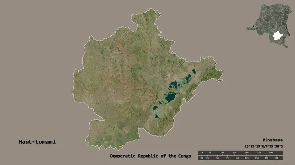 コンゴ民主共和国のハウトロマミ州の形で その首都はしっかりとした背景に隔離されています 距離スケール リージョンプレビュー およびラベル 衛星画像 3Dレンダリング — ストック写真