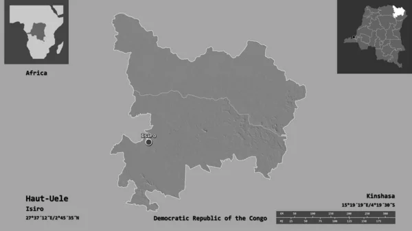 コンゴの民主共和国の州であるオー ウエーレとその首都の形 距離スケール プレビューおよびラベル 標高マップ 3Dレンダリング — ストック写真