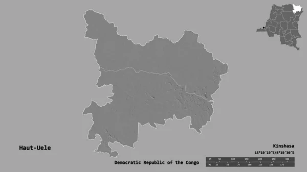 コンゴ民主共和国の州であるオー ウエーレの形で その首都はしっかりとした背景に隔離されています 距離スケール リージョンプレビュー およびラベル 標高マップ 3Dレンダリング — ストック写真