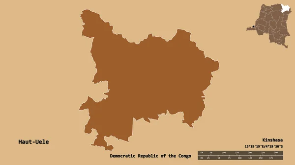 刚果民主共和国上韦莱省的形状 其首都在坚实的背景下与世隔绝 距离尺度 区域预览和标签 图形纹理的组成 3D渲染 — 图库照片