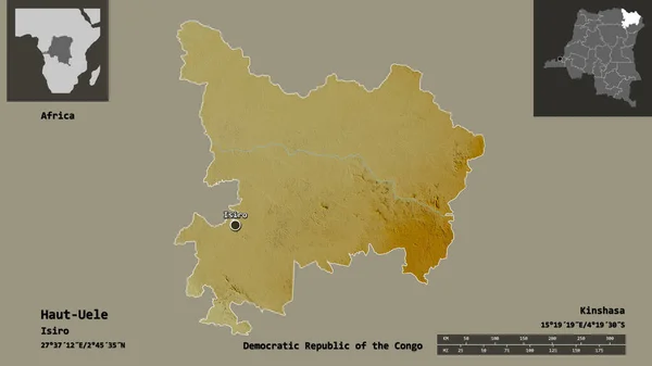 刚果民主共和国上韦莱省的形状及其首都 距离刻度 预览和标签 地形浮雕图 3D渲染 — 图库照片
