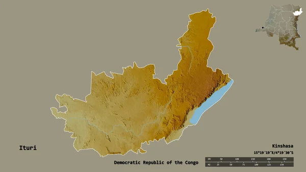 コンゴ民主共和国のイトゥリ州の形で その首都はしっかりとした背景に隔離されています 距離スケール リージョンプレビュー およびラベル 地形図 3Dレンダリング — ストック写真