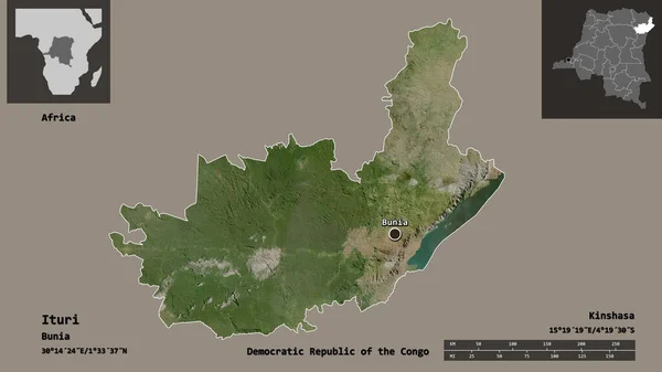 コンゴ民主共和国のイトゥリ州とその首都の形 距離スケール プレビューおよびラベル 衛星画像 3Dレンダリング — ストック写真
