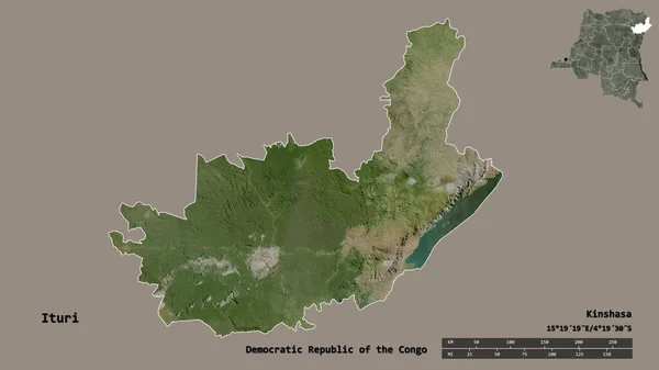 コンゴ民主共和国のイトゥリ州の形で その首都はしっかりとした背景に隔離されています 距離スケール リージョンプレビュー およびラベル 衛星画像 3Dレンダリング — ストック写真