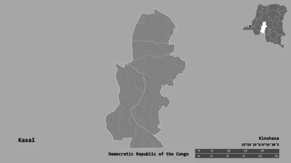 刚果民主共和国开赛省的形状 其首都背景坚实 与世隔绝 距离尺度 区域预览和标签 Bilevel高程图 3D渲染 — 图库照片