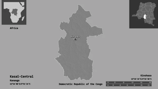 コンゴ民主共和国のカサイ セントラル州とその首都の形 距離スケール プレビューおよびラベル 標高マップ 3Dレンダリング — ストック写真