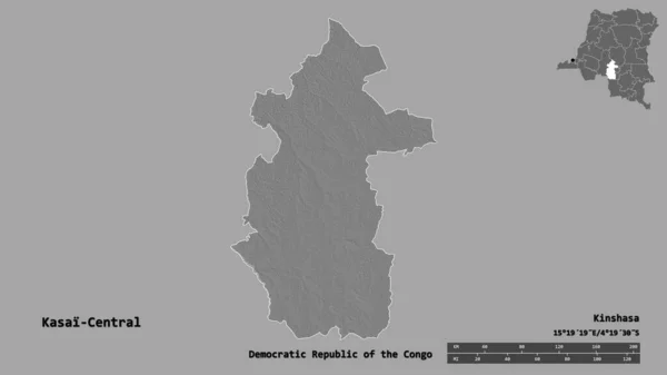 コンゴ民主共和国のカサイ セントラル州の形で その首都はしっかりとした背景に隔離されています 距離スケール リージョンプレビュー およびラベル 標高マップ 3Dレンダリング — ストック写真