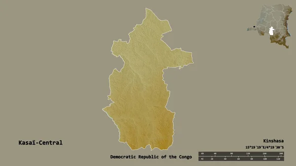 コンゴ民主共和国のカサイ セントラル州の形で その首都はしっかりとした背景に隔離されています 距離スケール リージョンプレビュー およびラベル 地形図 3Dレンダリング — ストック写真