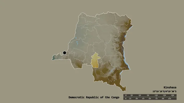 コンゴ民主共和国の首都 主要な地域部門と分離されたカサイ セントラル地域との荒廃した形 ラベル 地形図 3Dレンダリング — ストック写真