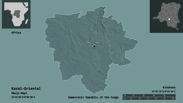 Shape of Kasai-Oriental, province of Democratic Republic of the Congo, and its capital. Distance scale, previews and labels. Colored elevation map. 3D rendering