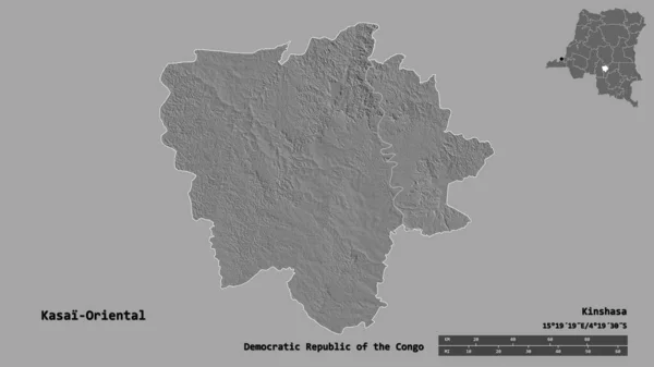 コンゴ民主共和国のカサイ オリエンタル州の形で その首都はしっかりとした背景に孤立しています 距離スケール リージョンプレビュー およびラベル 標高マップ 3Dレンダリング — ストック写真