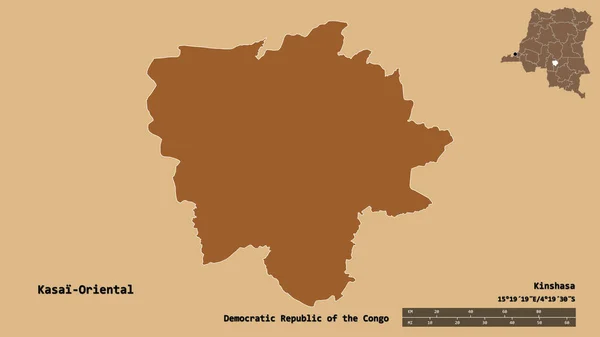 コンゴ民主共和国のカサイ オリエンタル州の形で その首都はしっかりとした背景に孤立しています 距離スケール リージョンプレビュー およびラベル パターン化されたテクスチャの構成 3Dレンダリング — ストック写真