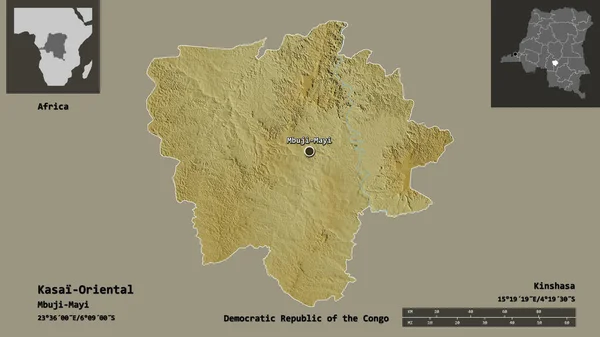 刚果民主共和国东开赛省的形状及其首都 距离刻度 预览和标签 地形浮雕图 3D渲染 — 图库照片