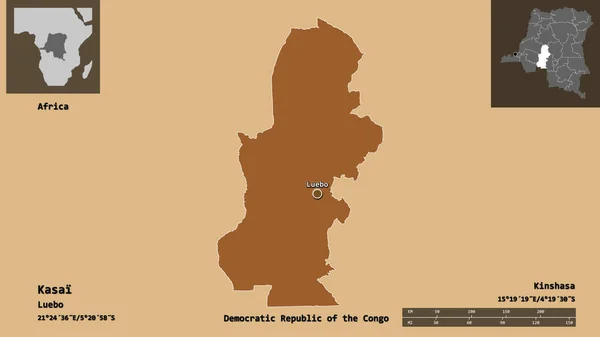 刚果民主共和国开赛省的形状及其首都 距离刻度 预览和标签 图形纹理的组成 3D渲染 — 图库照片