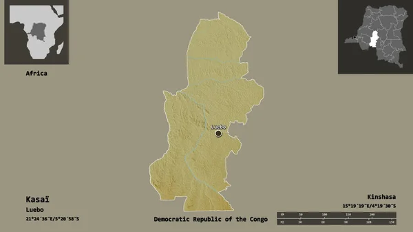 刚果民主共和国开赛省的形状及其首都 距离刻度 预览和标签 地形浮雕图 3D渲染 — 图库照片