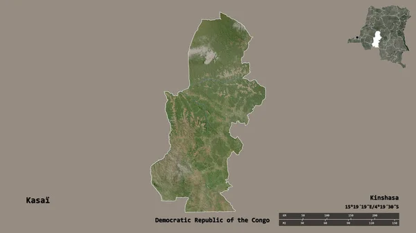 刚果民主共和国开赛省的形状 其首都背景坚实 与世隔绝 距离尺度 区域预览和标签 卫星图像 3D渲染 — 图库照片