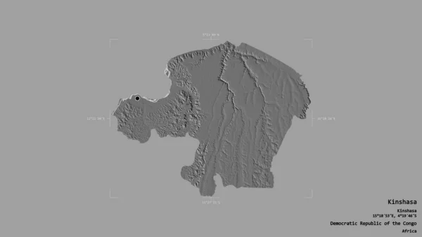 コンゴ民主共和国のキンシャサ州の地域は 洗練された境界ボックスにしっかりとした背景に隔離されています ラベル 標高マップ 3Dレンダリング — ストック写真