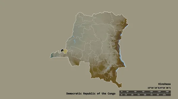 以首都 主要区域司和分离的金沙萨地区为首都的刚果民主共和国的绝望状态 地形浮雕图 3D渲染 — 图库照片