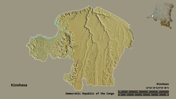 刚果民主共和国金沙萨的形状 其首都背景坚实 与世隔绝 距离尺度 区域预览和标签 地形浮雕图 3D渲染 — 图库照片