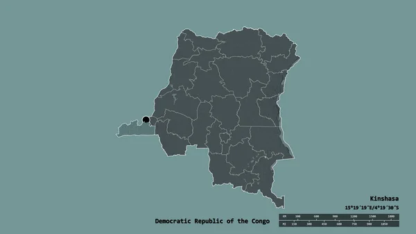 主要な地域部門と分離された金剛中央地域を持つコンゴ民主共和国の荒廃した形 ラベル 色の標高マップ 3Dレンダリング — ストック写真