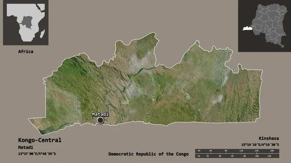 刚果民主共和国刚果中部省Kongo Central的形状及其首都 距离刻度 预览和标签 卫星图像 3D渲染 — 图库照片