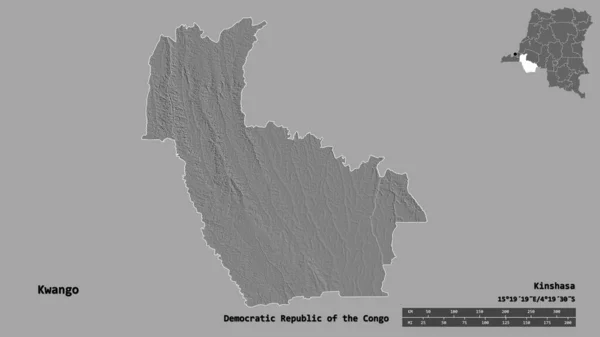 コンゴ民主共和国のクワンゴ州の形で その首都はしっかりとした背景に隔離されています 距離スケール リージョンプレビュー およびラベル 標高マップ 3Dレンダリング — ストック写真