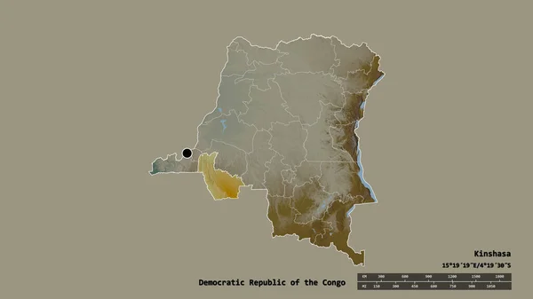 コンゴ民主共和国の首都 主要な地域部門と分離されたクワンゴ地域との形を崩した ラベル 地形図 3Dレンダリング — ストック写真