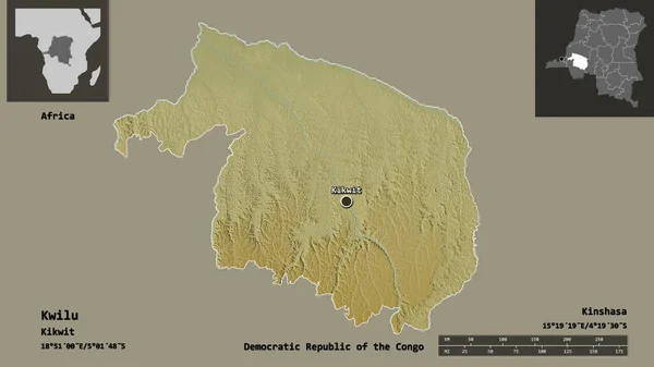 刚果民主共和国Kwilu省的形状及其首都 距离刻度 预览和标签 地形浮雕图 3D渲染 — 图库照片