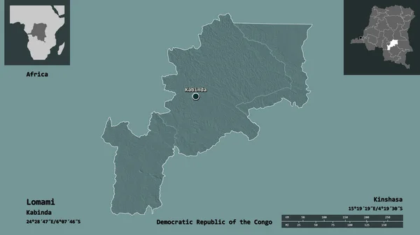 コンゴ民主共和国のロマミ州とその首都の形 距離スケール プレビューおよびラベル 色の標高マップ 3Dレンダリング — ストック写真