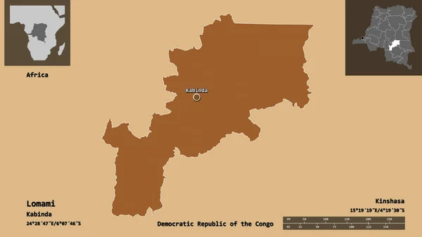 刚果民主共和国罗迈省的形状及其首都 距离刻度 预览和标签 图形纹理的组成 3D渲染 — 图库照片