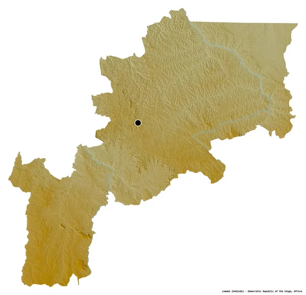 コンゴ民主共和国のロマミ州の形で その首都は白い背景に孤立しています 地形図 3Dレンダリング — ストック写真
