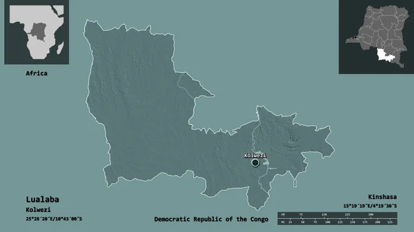 刚果民主共和国卢阿拉巴省的形状及其首都 距离刻度 预览和标签 彩色高程图 3D渲染 — 图库照片