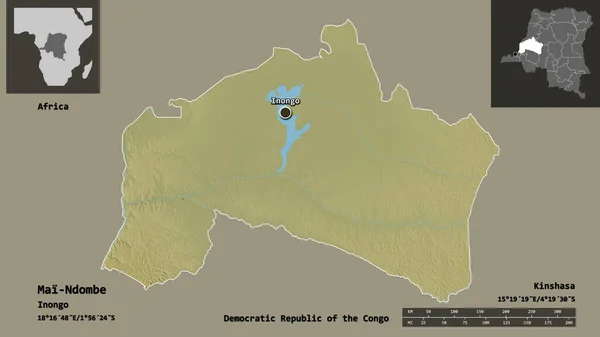 刚果民主共和国省梅恩多贝及其首都的形状 距离刻度 预览和标签 地形浮雕图 3D渲染 — 图库照片