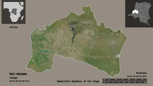 刚果民主共和国省梅恩多贝及其首都的形状 距离刻度 预览和标签 卫星图像 3D渲染 — 图库照片