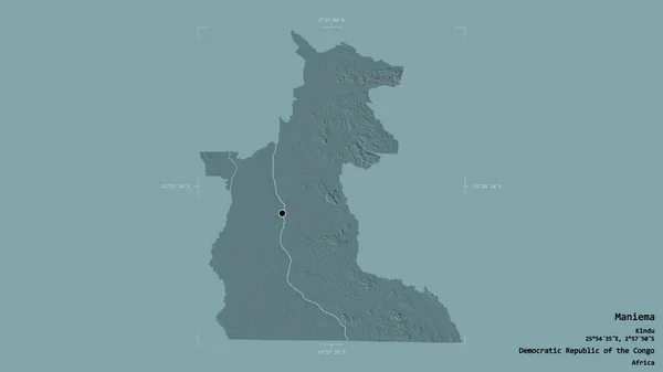 刚果民主共和国马涅马省马涅马省的一个地区 在一个地理参照框的坚实背景下被隔离 彩色高程图 3D渲染 — 图库照片