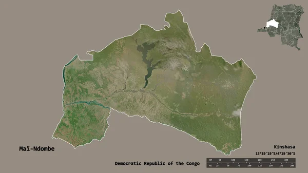 コンゴ民主共和国の州であるメンドンベの形は その首都をしっかりとした背景に隔離されています 距離スケール リージョンプレビュー およびラベル 衛星画像 3Dレンダリング — ストック写真