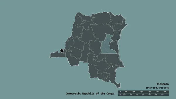 以首都 主要区域分部和分离的马尼埃马地区为首都的刚果民主共和国的绝望状态 彩色高程图 3D渲染 — 图库照片