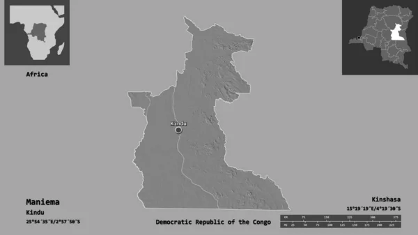 Kształt Maniemy Prowincji Demokratycznej Republiki Konga Jej Stolicy Skala Odległości — Zdjęcie stockowe
