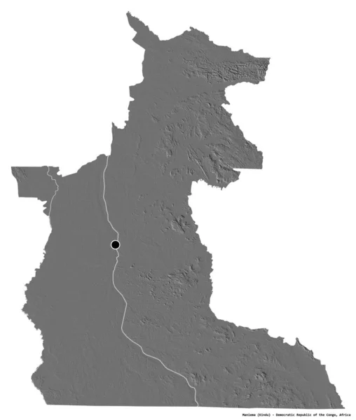 コンゴ民主共和国のマニエマ州の形で 首都は白い背景に孤立しています 標高マップ 3Dレンダリング — ストック写真