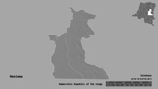 刚果民主共和国马涅马省马涅马省的形状 其首都背景坚实 与世隔绝 距离尺度 区域预览和标签 Bilevel高程图 3D渲染 — 图库照片