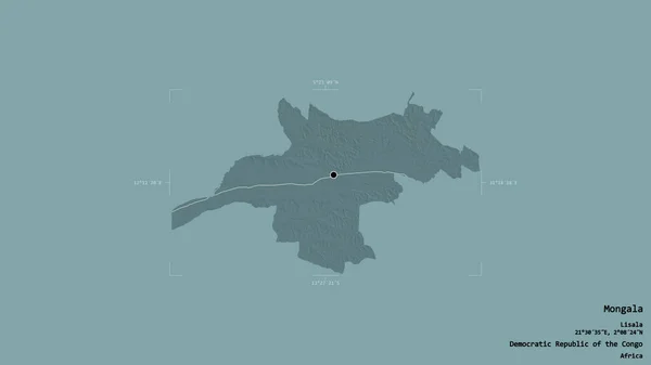 コンゴの民主共和国の州であるモンガラの地域は 洗練された境界ボックスにしっかりとした背景に隔離されています ラベル 色の標高マップ 3Dレンダリング — ストック写真