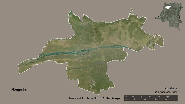 刚果民主共和国蒙加拉省的形状 其首都在坚实的背景下与世隔绝 距离尺度 区域预览和标签 卫星图像 3D渲染 — 图库照片