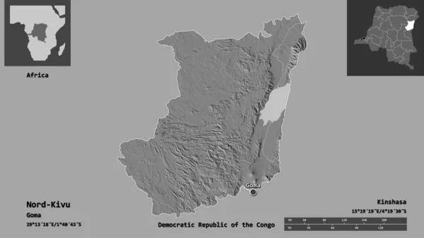 北キヴの形 コンゴ民主共和国の州 距離スケール プレビューおよびラベル 標高マップ 3Dレンダリング — ストック写真