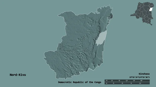 コンゴ民主共和国の北キヴ州の形で その首都はしっかりとした背景に孤立しています 距離スケール リージョンプレビュー およびラベル 色の標高マップ 3Dレンダリング — ストック写真