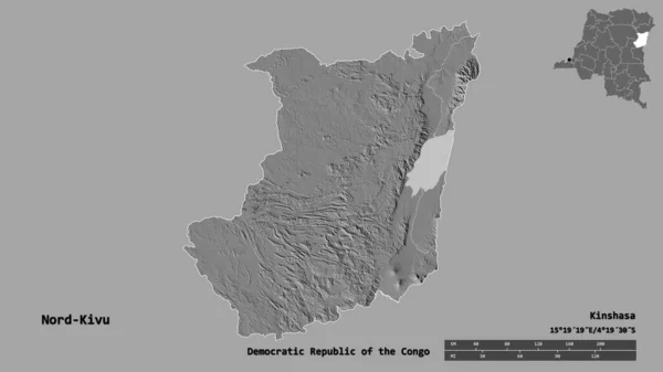 コンゴ民主共和国の北キヴ州の形で その首都はしっかりとした背景に孤立しています 距離スケール リージョンプレビュー およびラベル 標高マップ 3Dレンダリング — ストック写真