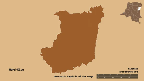 コンゴ民主共和国の北キヴ州の形で その首都はしっかりとした背景に孤立しています 距離スケール リージョンプレビュー およびラベル パターン化されたテクスチャの構成 3Dレンダリング — ストック写真