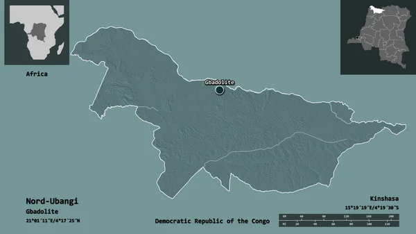 コンゴ民主共和国の北ウバンギ州とその首都の形 距離スケール プレビューおよびラベル 色の標高マップ 3Dレンダリング — ストック写真